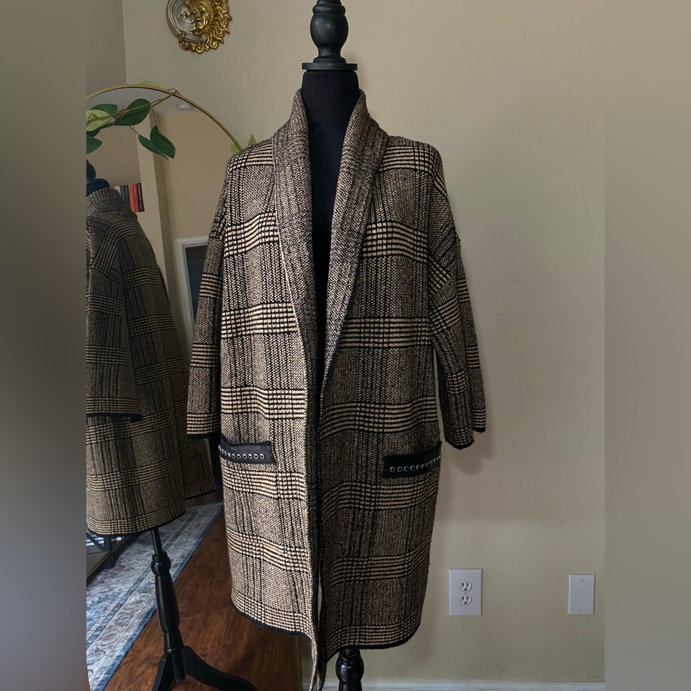 Plaid sweater Joseph ribkoff brown black camel cover up 223942x 3/4 sleeve - Picture 7 of 13